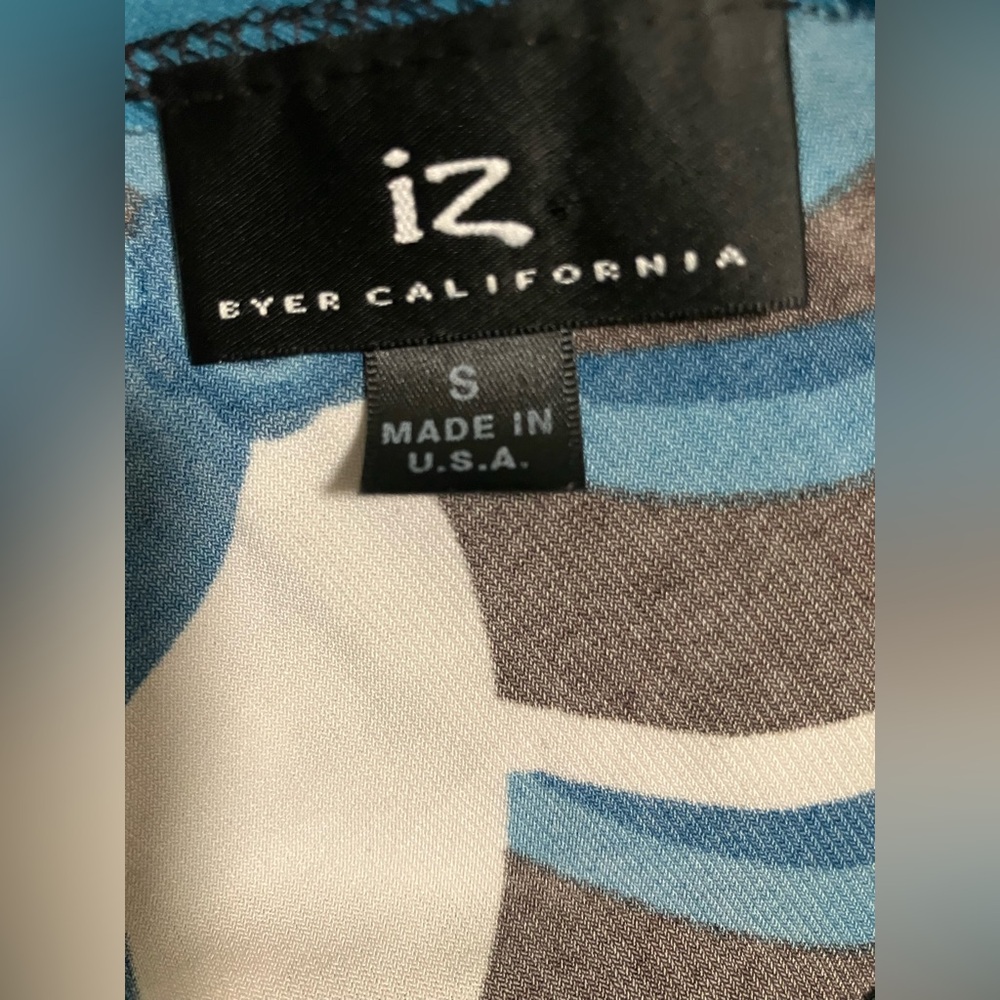 Y2K Blouse Top Dress IZ Byer Geometric Blue Brown Back Tie Button‎ Detail Small - Picture 7 of 11